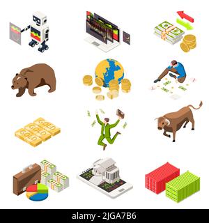 Börse isometrischen Satz mit Gebäude auf Smartphone-Banknoten glücklich Broker Bullebär Markt Symbole Vektor-Illustration Stock Vektor