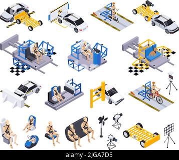 Satz von isolierten Crash-Test Auto Sicherheit isometrische Symbole mit Dummy Schaufensterpuppen Sitze und beschädigte Fahrzeuge Vektor-Illustration Stock Vektor
