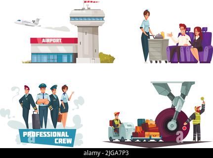 Flughafen Cartoon-Konzept mit Crew-Mitglieder Gepäckabholung Lieferung Flugzeug Start Stewardess serviert Lebensmittel Vektor Illustration Stock Vektor