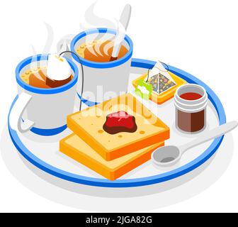 Teetag-Konzept mit Löffel Marmelade und Toast isometrische Vektor-Illustration Stock Vektor
