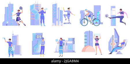 Cyberpunk People Set von flachen isolierten Kompositionen mit Doodle menschlichen Charakteren in futuristischem Outfit mit Wolkenkratzern Vektor-Illustration Stock Vektor