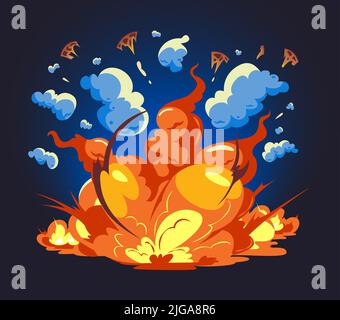 Große Bombe Explosion mit Feuerball Schrapnel und Rauch auf dunklem Hintergrund Cartoon-Vektor-Illustration Stock Vektor