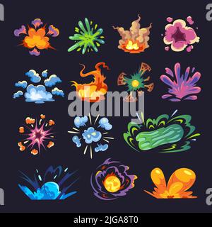 Cartoon Explosion Boom-Effekt mit bunten Formen und Wolken unterschiedlicher Größe auf schwarzem Hintergrund Vektor-Illustration isoliert gesetzt Stock Vektor