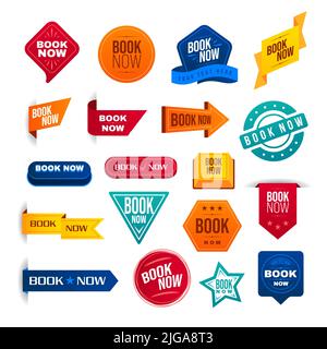 Realistisches Set mit isolierten bunten Buch jetzt Tasten Stempel und Abzeichen Vektor-Illustration Stock Vektor