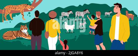 Zoo Hintergrund mit wilden Tieren und Familie Besucher flache Vektor-Illustration Stock Vektor
