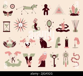 Mystische Farbe Symbole Satz von Schlange Sanduhr Spiegel Maskottchen Schmetterling Katze Auge Schädel Sonne isoliert Vektor Illustration Stock Vektor