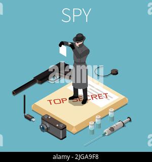 Männlicher Charakter des Spions trägt schwarzen Mantel steht auf top geheimen Dateien mit Kamera Spritze Handgun auf blauem Hintergrund isometrische Vektor-Illustration Stock Vektor