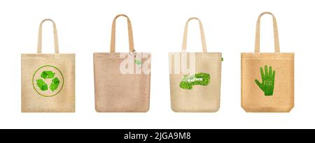Realistische Handtasche Eco Icon Set beige Taschen aus umweltfreundlichen Materialien mit grünen Logos Vektor-Illustration Stock Vektor
