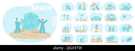 Weltraum-Set mit isolierten Kompositionen von flachen Ikonen Zeichen von Astronauten auf Planeten mit Raketen Raumschiffe Vektor-Illustration Stock Vektor