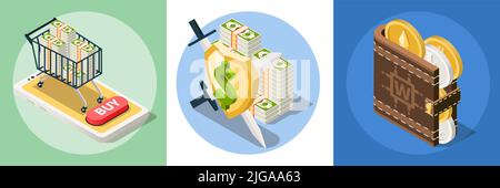 FinTech-Set aus drei isolierten runden Kompositionen mit Bildern von Geldbörsen Trolley-Wagen und Schildvektor Illustration Stock Vektor