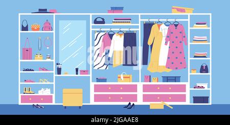 Trendige weibliche Garderobe mit Kleidung Schuhe Accessoires bijouterie Spiegelständer und Schubladen auf blauem Hintergrund flache Vektor-Illustration Stock Vektor