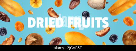 Getrocknete Früchte für gesunde Lebensmittel farbiger horizontaler Poster mit Mischsortiment auf blauem Hintergrund Vektorgrafik Stock Vektor