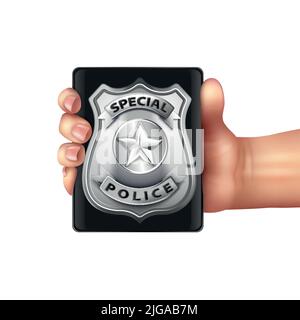 Polizei Abzeichen in der Hand realistische Zusammensetzung mit isolierten Bild der menschlichen Hand halten silbernen Offizier Schild Vektor-Illustration Stock Vektor