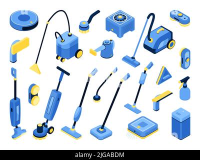 Verschiedene Roboter und manuelle Reinigung Gadgets isometrische Set mit modernen Staubsaugern Wischbürsten Sprühflasche isoliert 3D Vektor-Illustration Stock Vektor