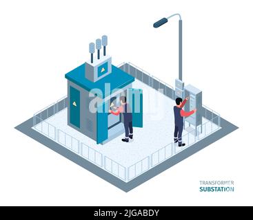 Zwei Elektrotechniker, die elektrische Arbeiten machen, überprüfen oder reparieren die isometrische Vektorgrafik des Transformators Unterstation 3D Stock Vektor