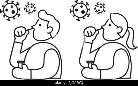 Covid19 Coronavirus-Antigen-Selbsttest-Lien-Symbol oder Piktogramm-Vektorset. Frau und Mann mit nasalem Wattestäbchen aus kovidem Selbsttest-Heimkit. Stock Vektor