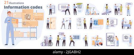 Satz von flachen Zusammensetzungen mit Menschen Scannen qr rfid und Barcodes in verschiedenen Situationen isoliert Vektor-Illustration Stock Vektor