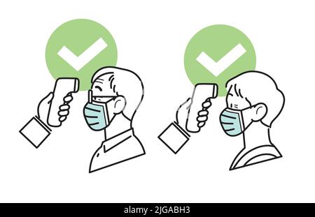 Covid19 Coronavirus präventive Maßnahme Linie Symbole Vektor-Set. Überprüfung der Körpertemperatur bei altem Mann und alter Frau, die eine OP-Maske tragen. Stock Vektor