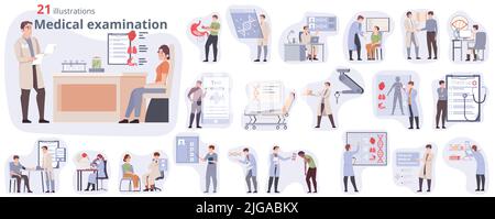 Flache Medizin Kompositionen mit Ärzten und Patienten, die medizinische Untersuchung in modernen Klinik isoliert Vektor-Illustration gesetzt Stock Vektor