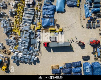 Industrielle Elemente Lagerort Luftansicht. Stahlkomponenten. Stockfoto