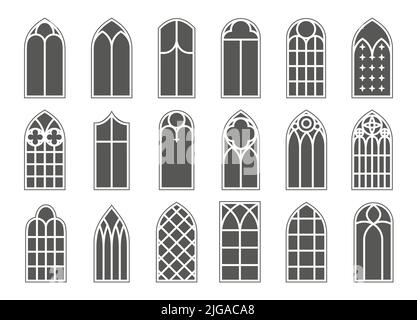 Kirche mittelalterliche Fenster gesetzt. Alte gotische Architekturelemente. Vektorgrafik Glyphe auf weißem Hintergrund. Stock Vektor