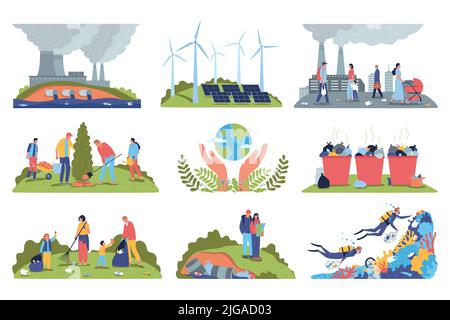 Satz von neun isolierten Ökologie Luft- und Wasserverschmutzung Kompositionen mit menschlichen Charakteren von Aktivisten Freiwilligen Vektor-Illustration Stock Vektor