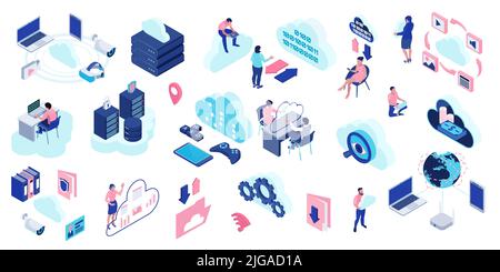 Farbsatz der Cloud-Technologie mit Big-Data-Symbolen, isometrische isolierte Vektordarstellung Stock Vektor