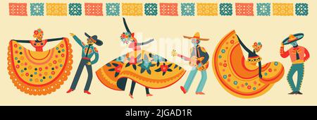 Dead Day Feiertagsfeier flach horizontales Plakat mit mexikanischen Männern und Frauen in Kostümen und Masken tanzen und spielen Musikinstrumente Vektor il Stock Vektor