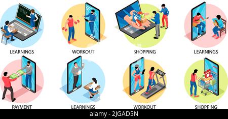 Online-Service rund Komposition Set mit Workout-und Zahlungssymbolen isometrische isolierte Vektor-Illustration Stock Vektor