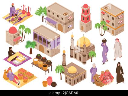 Stadtbild im Nahen Osten mit Elementen ethnischer Architektur und Menschen in nationaler Kleidung isoliert Vektor-Illustration Stock Vektor