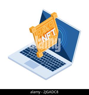 Flache 3D isometrische NFT-Grafik im Laptop-Monitor. Nicht fungible Token- oder Cryptocurrency-Konzepte. Stock Vektor