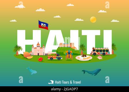 Haiti Touren flach horizontal Poster mit haitianischer Flagge Sehenswürdigkeiten Küche Natur auf farbigen Hintergrund Vektor-Illustration Stock Vektor