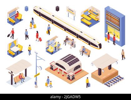 Eisenbahn isometrische Farbsatz von Passagieren mit Koffern warten Zug auf Plattform und in der Halle isoliert Vektor-Illustration Stock Vektor