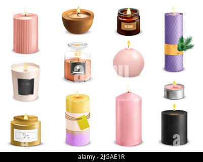 Realistischer Satz von zwölf brennenden Duftkerzen von verschiedenen Design isoliert auf weißem Hintergrund Vektor-Illustration Stock Vektor