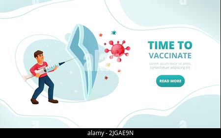 Impfungen Landing Page Design mit Read more-Taste und Zeichentrickfigur mit Spritze vor Coronavirus-Vektor-Illustration geschützt Stock Vektor
