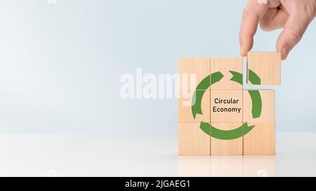 Kreislaufwirtschaft Konzept, Recycling, Umwelt, Herstellung, Abfall, Ressourcen. Ökobilanz des Lebenszyklus. Nachhaltigkeit Holzwürfel. Symbol des Cir Stockfoto