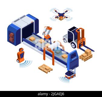 Smart Industry Production isometrisches Konzept mit Mechanisierungssymbolen Vektordarstellung Stock Vektor