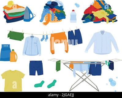Set mit flachen Symbolen für Wäschestücke und isolierten Bildern von schmutzigen und frisch gewaschenen Textilwaren Vektorgrafik Stock Vektor
