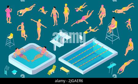 Isometrisches Schwimmbad Farbe Symbol Set tiefen Sport Pool Hot Tub Menschen in gelben Hüten und Schwimmanzüge schwimmen in verschiedenen Stilen Vektor-Illustration Stock Vektor