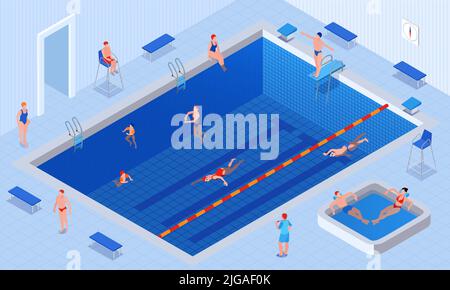 Isometrisches Schwimmbad Zusammensetzung großer Pool mit gefliestem Boden und Wänden Menschen schwimmen entspannen in Jacuzzi Vektor-Illustration Stock Vektor