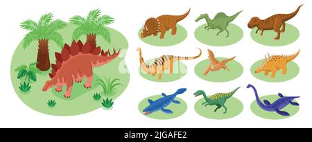Isometrische Dinosaurier großen Satz mit isolierten farbigen Ikonen der prähistorischen Reptilien mit exotischen Pflanzen Bäume Landschaft Vektor Illustration Stock Vektor