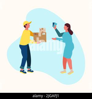 Lieferung von Waren aus einem Online-Shop, ein Mann liefert eine Box mit Käufen, ein Mädchen zahlt mit Geld Stock Vektor