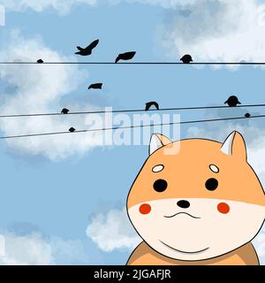 Shiba Dog machte ein Selfie am Telefon vor dem Hintergrund eines Drahtes und eines Vogels Stock Vektor