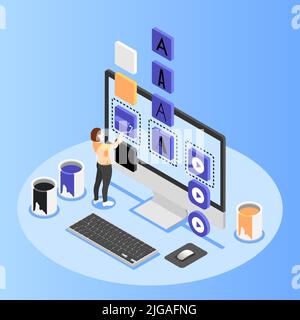 UI- und UX-Design isometrischer Hintergrund mit weiblicher Designerin, die Farben der Vektordarstellung der Benutzeroberfläche auswählt Stock Vektor