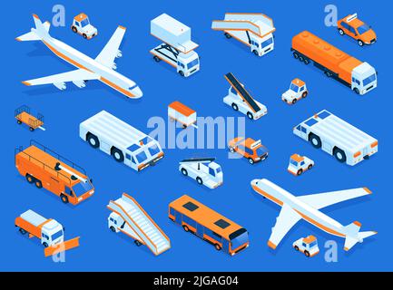 Isometrische Flughafen-Transport-Farbset mit isolierten Symbolen von Lastwagen Busse Leitern und große Flugzeug Bilder Vektor-Illustration Stock Vektor