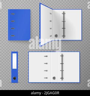 Blauer A4 Bürobinder mit Metallringen realistisches Set isoliert auf transparentem Hintergrund Vektorgrafik Stock Vektor