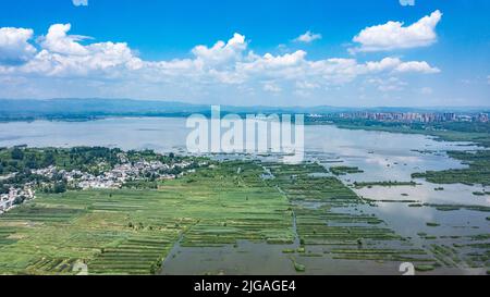 Weining, Chinas Provinz Guizhou. 8.. Juli 2022. Luftbild zeigt das Caohai National Nature Reserve in Weining Yi, Autonome Grafschaft Hui und Miao, südwestlich der chinesischen Provinz Guizhou, 8. Juli 2022. Quelle: Tao Liang/Xinhua/Alamy Live News Stockfoto