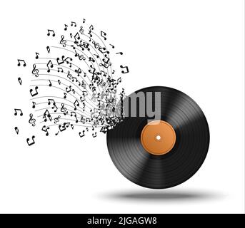 Vinyl-Schallplattenmusik realistische Komposition Abstraktion mit Noten fliegen aus der Schallplattenvektordarstellung Stock Vektor