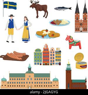 Schweden touristische Set mit Kultur Symbole flach isoliert Vektor-Illustration Stock Vektor
