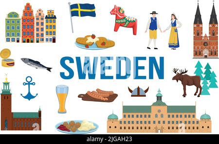 Schweden touristische Reise Set mit Kultur und Lebensmittel Symbole flach isoliert Vektor-Illustration Stock Vektor